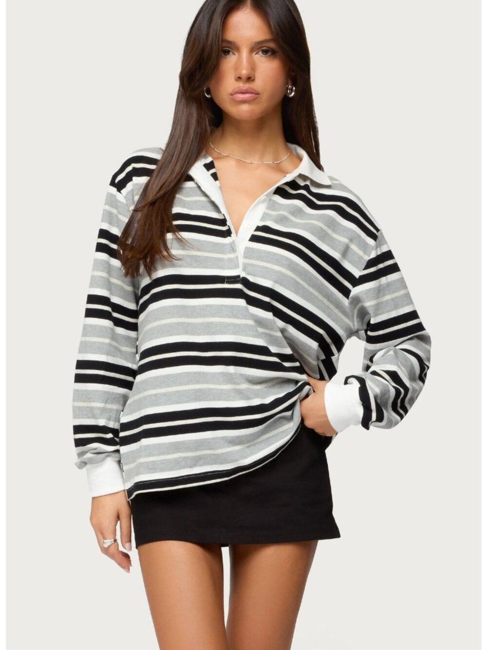 Edikted Oversized Black Gray Striped Polo Long Sleeve Shirt S